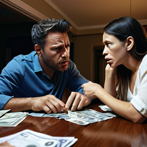 Home 4 **Stressed couple arguing over finances, bills scattered on the table, dimly lit apartment.** (This visualizes the section about family financial disputes.)