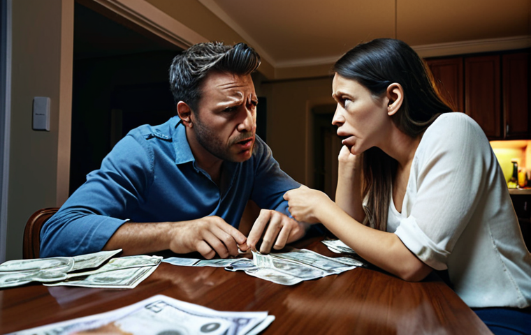 **Stressed couple arguing over finances, bills scattered on the table, dimly lit apartment.** (This visualizes the section about family financial disputes.)